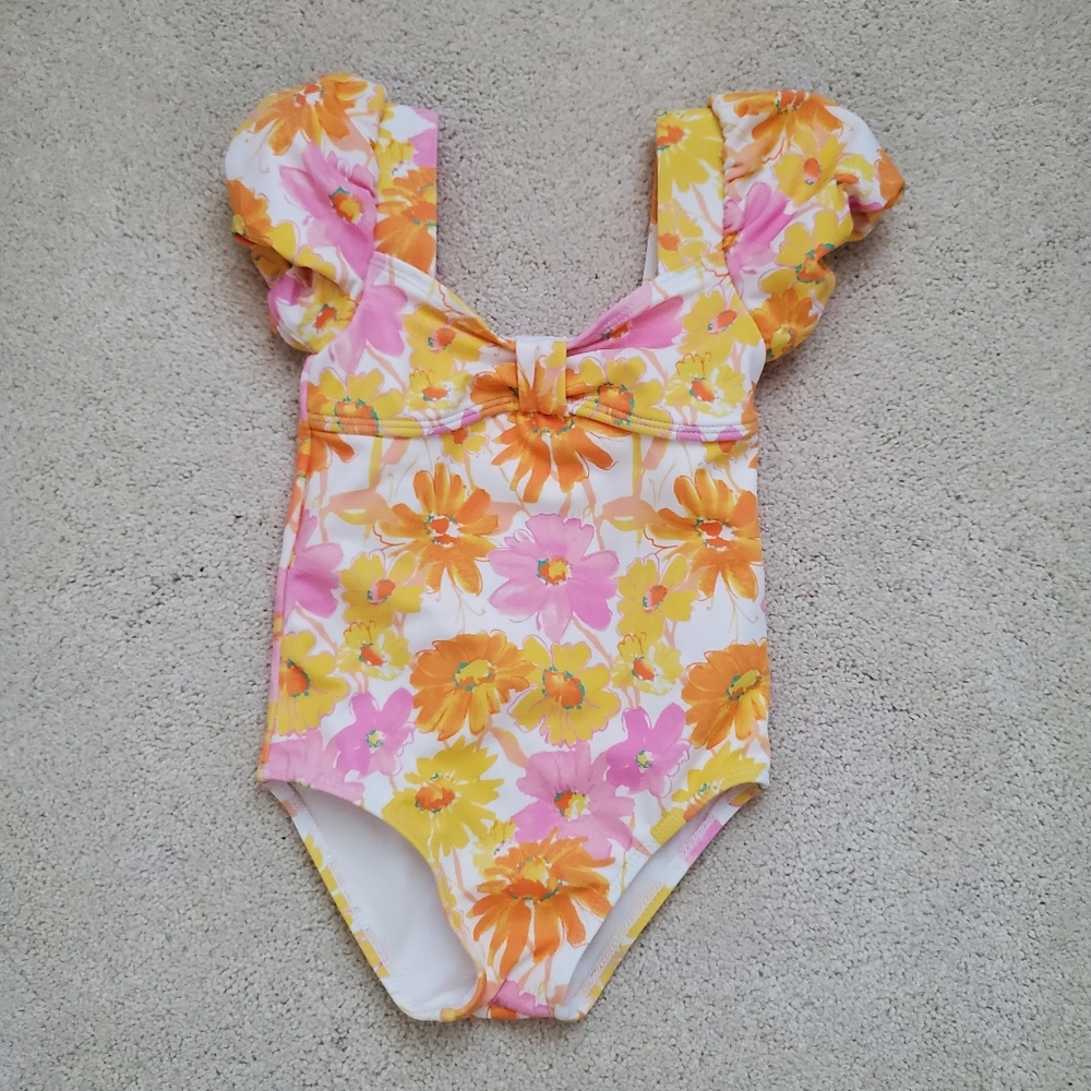 Janie and Jack Girls Floral Puff Sleeve Swimsuit Blazing Orange Floral sz18-24m